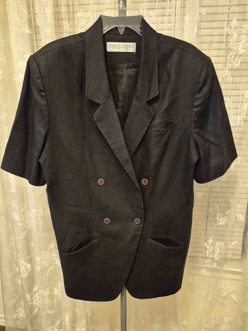 Valerie Stevens Black Short-Sleeve Double-Breasted Blazer Lined Jacket